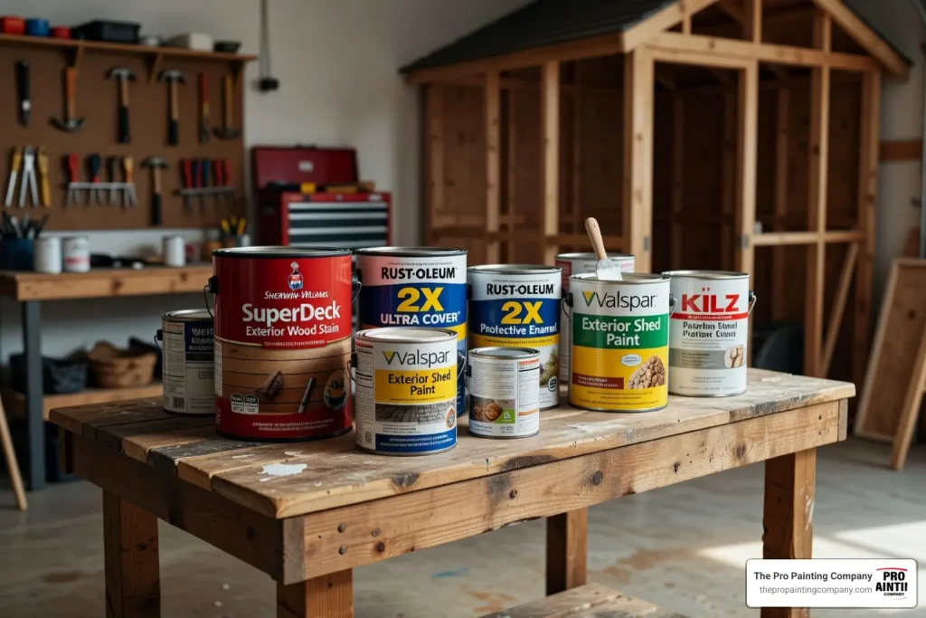 high quality exterior paint cans on a workbench - best paint for outdoor shed