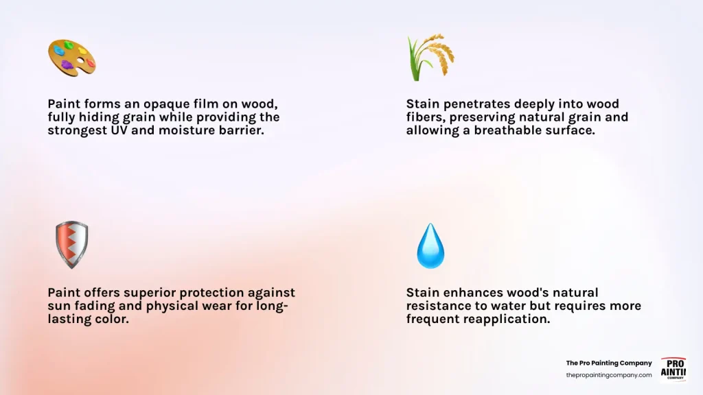 Infographic comparing shed paint vs stain vs sealer: coverage, protection, and appearance differences - best paint for